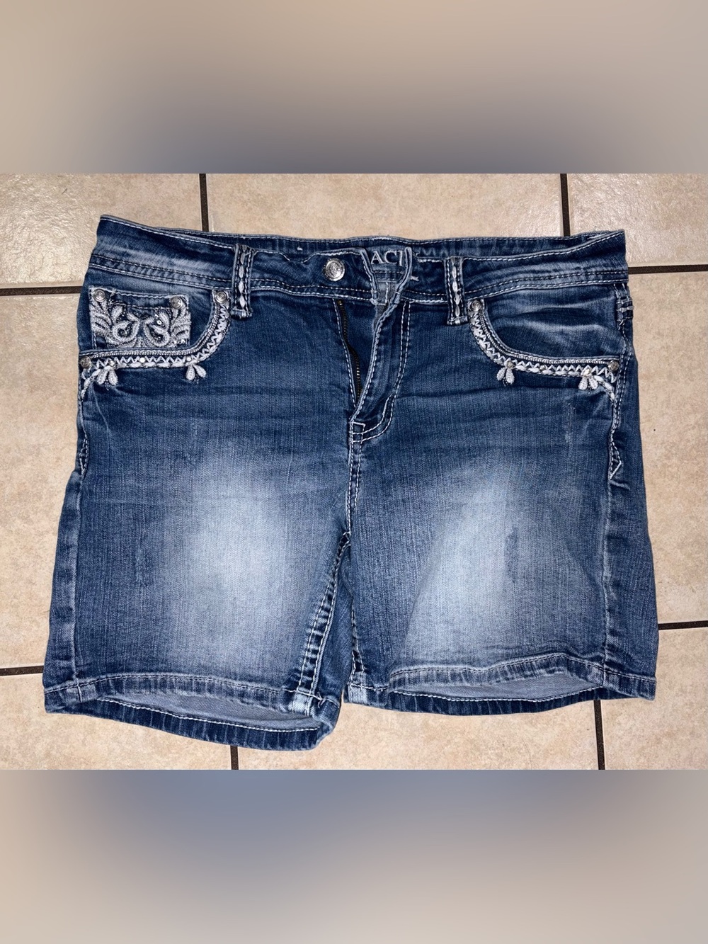 Grace Distressed Indigo Denim Shorts with Embroidered Pockets